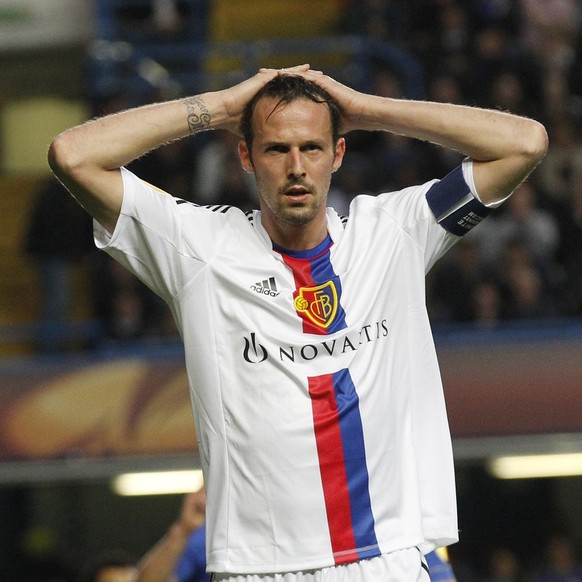 Basel&#039;s Marco Streller reacts after missing a chance to score a goal against Chelsea during their Europa League semifinal second leg soccer match, at Chelsea&#039;s Stamford Bridge stadium in Lon ...