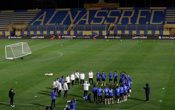 Real Madrid s head coach Carlo Ancelotti C leads a training session at Al Nassr FC stadium in Riyadh Saudi Arabia, 15 January 2022. Real Madrid will face Athletic Club in the Spanish SuperCup final ma ...