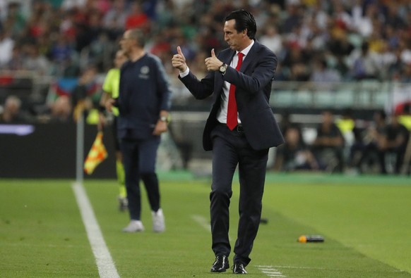 epa07610991 Manager Unai Emery of Arsenal reacts during the UEFA Europa League final between Chelsea FC and Arsenal FC at the Olympic Stadium in Baku, Azerbaijan, 29 May 2019. EPA/YURI KOCHETKOV