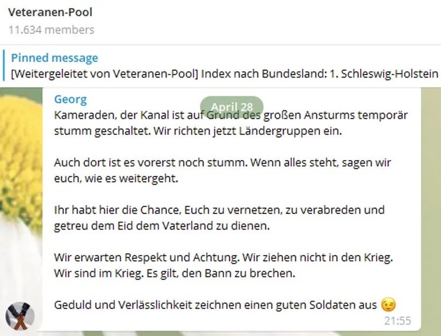 Rekrutierung: Im April 2021 eröffnet Sven B. eine Telegram-Gruppe, um Veteranen einzusammeln.