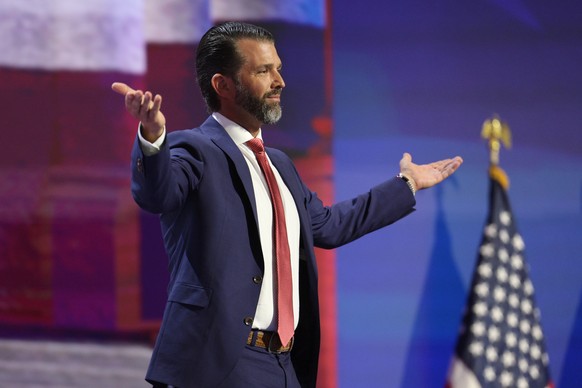 epa11484738 Donald Trump Jr. delivers remarks during the third day of the Republican National Convention (RNC) at Fiserv Forum in Milwaukee, Wisconsin, USA, 17 July 2024. The convention comes days aft ...