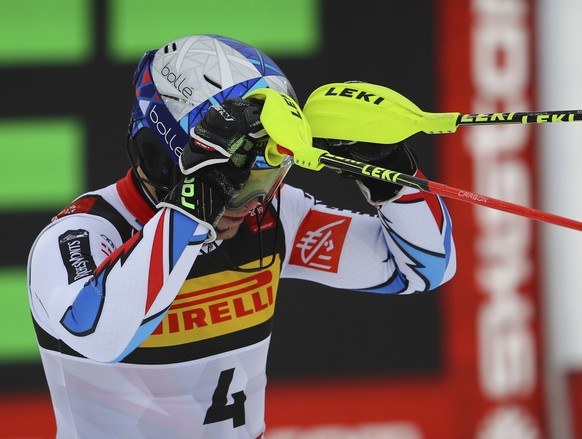 France&#039;s Alexis Pinturault gets to the finish area after completing the men&#039;s slalom, at the alpine ski World Championships in Are, Sweden, Sunday, Feb. 17, 2019. (AP Photo/Marco Trovati)