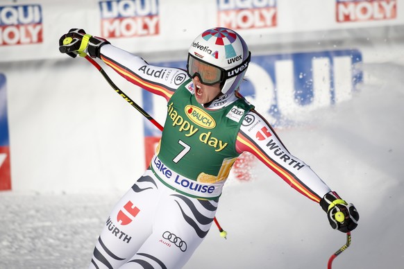 Germany's Viktoria Rebensburg reacts in the finish area following her run in the Women's World Cup super-G ski race in Lake Louise, Alberta, Sunday, Dec. 8, 2019. (Jeff McIntosh/The Canadian ...