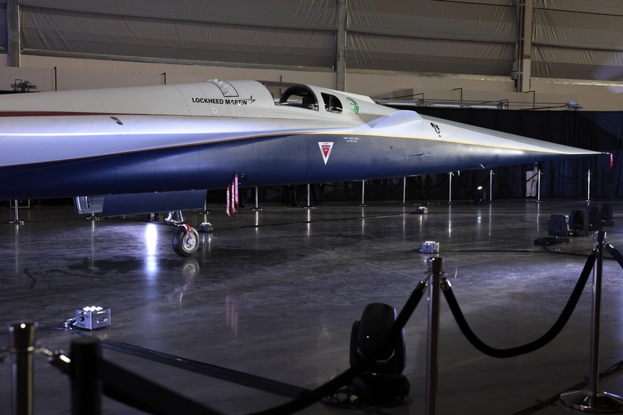 epa11072606 The X-59 supersonic aircraft produced by NASA and Lockheed Martin Skunk Works is unveiled at Lockheed Martin Skunk Works in Palmdale, California, USA, January 12, 2024. The