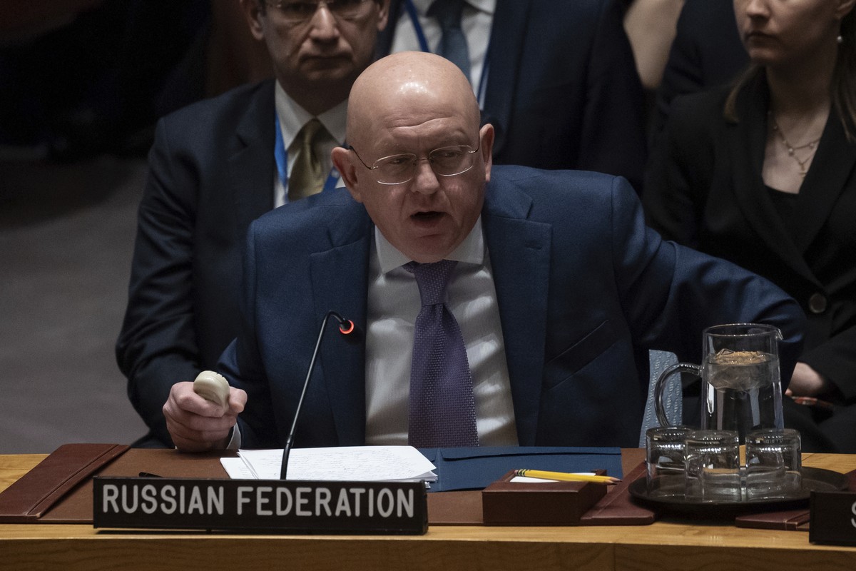 Vasily Nebenzya, Ambassador and Permanent Representative of Russia to the United Nations, speaks during a Security Council meeting at United Nations headquarters, Friday, March. 22, 2024. (AP Photo/Yu ...