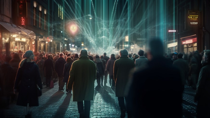 So stellt sich der KI-Bildgenerator Midjourney eine Stadt vor, in der die Menschen mit einer Künstlichen Intelligenz verbunden sind.