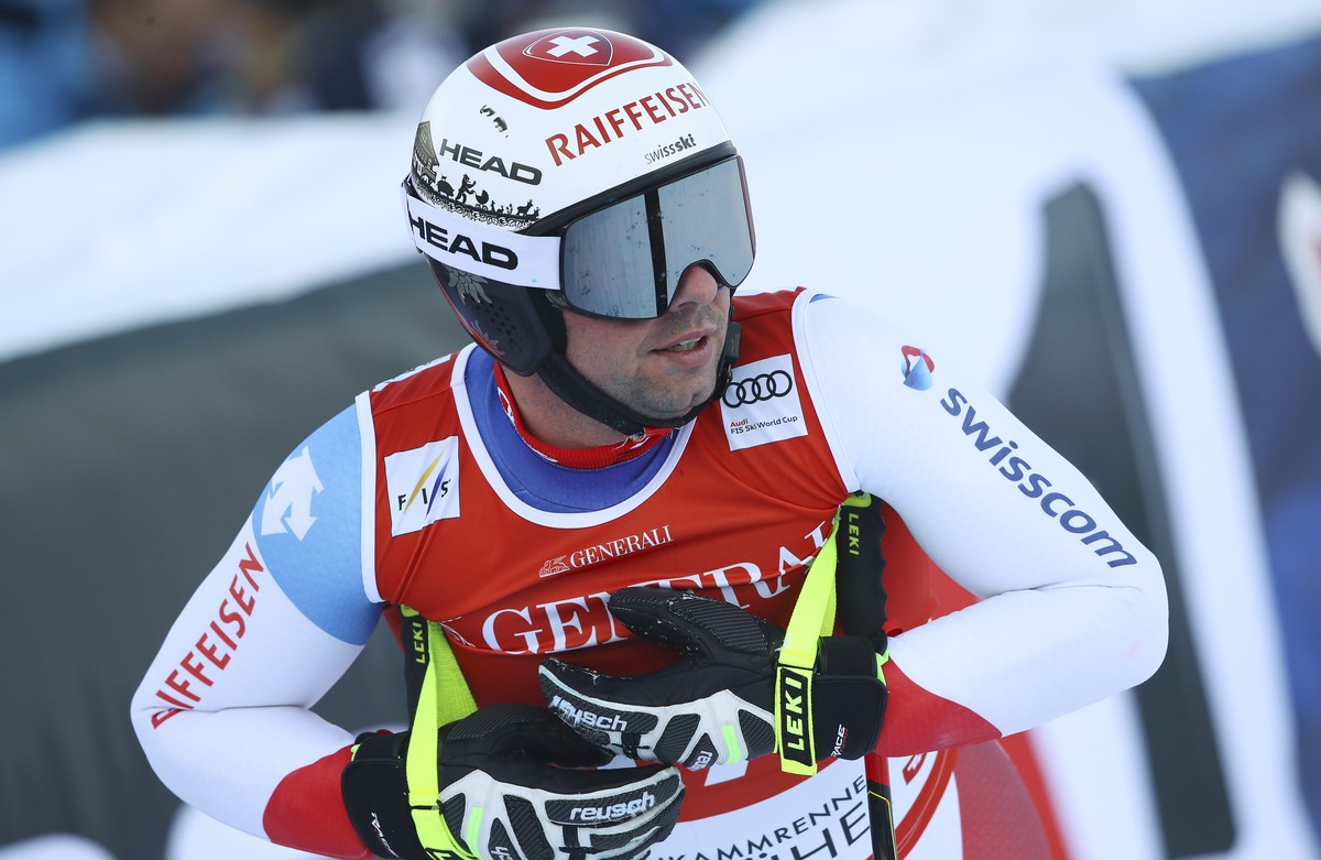 Switzerland's Beat Feuz reacts at the finish area after completing an alpine ski, men's World Cup super-G, in Kitzbuehel, Austria, Sunday, Jan. 27, 2019. (AP Photo/Alessandro Trovati)