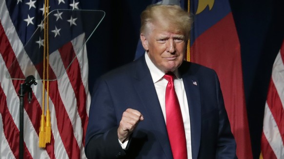 Former President Donald Trump acknowledges the crowd as he speaks at the North Carolina Republican Convention Saturday, June 5, 2021, in Greenville, N.C. (AP Photo/Chris Seward)