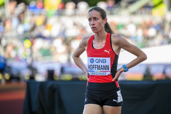 Lore Hoffmann of Switzerland reacts for the women&#039;s 800 meters semi-final during the IAAF World Athletics Championships, at the Hayward Field stadium, in Eugene, United States, Friday, July 22, 2 ...