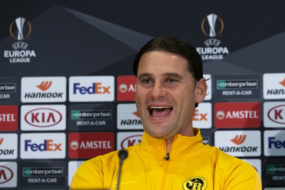 Bern&#039;s head coach Gerardo Seoane reacts during a press conference one day before the UEFA Europa League group stage match between Switzerland&#039;s BSC Young Boys Bern and Scotland&#039;s Glasgo ...