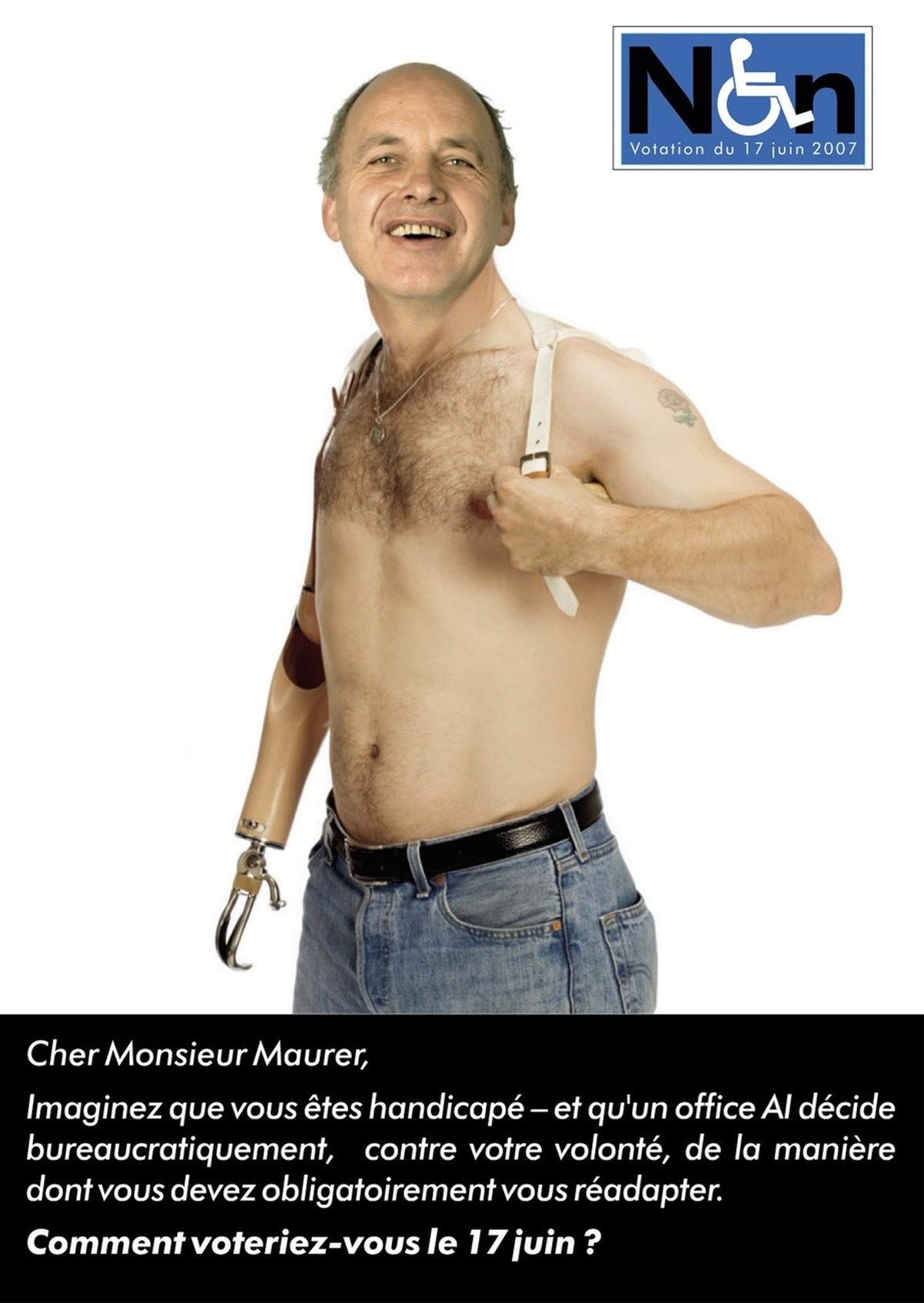 HANDOUT - VERSION FRANCAISE - Nationalrat Ueli Maurer als Sujet einer Postkarte, die Teil der Abstimmungskampagne des Schweizerischen Gewerkschaftsbundes SGB, gegen die 5. IV Revision, ist, veroeffent ...