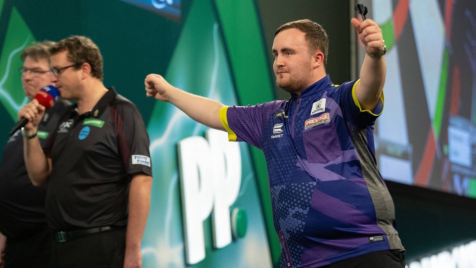 Darts Paddy Power 2024 PDC World Darts Championship Luke Littler ENG celebrates winning his R4 match against Raymond van Barneveld NED not in picture during the 2024 PDC World Darts Championship at Al ...