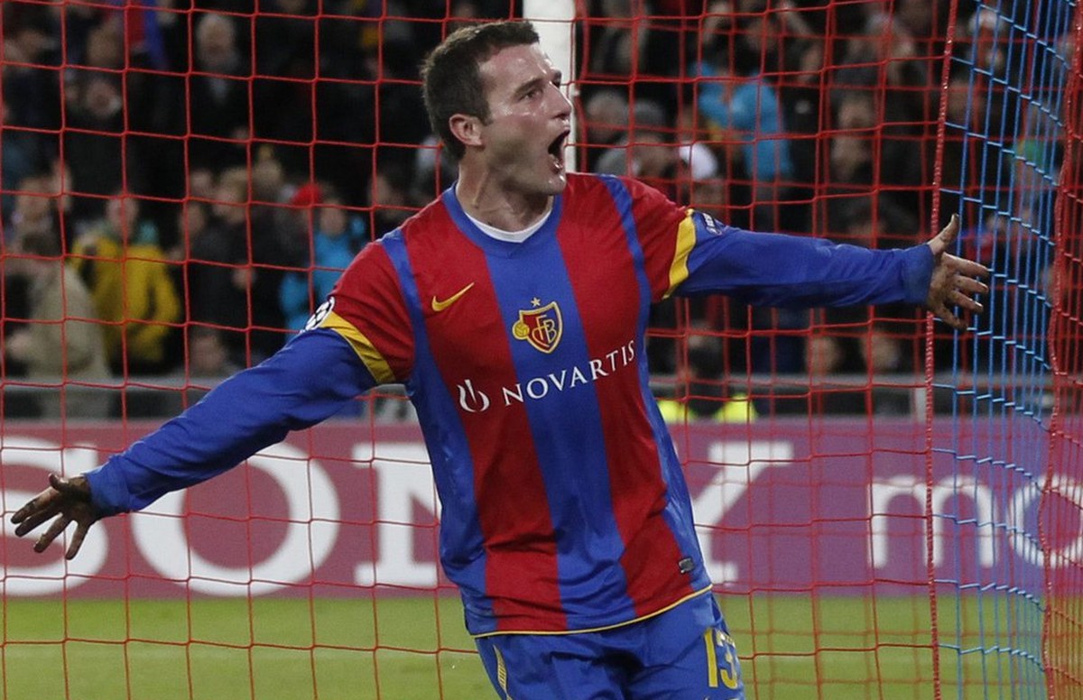 Basel's Alex Frei celebrates after scoring the 2-0 during the UEFA Champions League Group C soccer match between Switzerland's FC Basel and England's Manchester United FC at the St. Jak ...