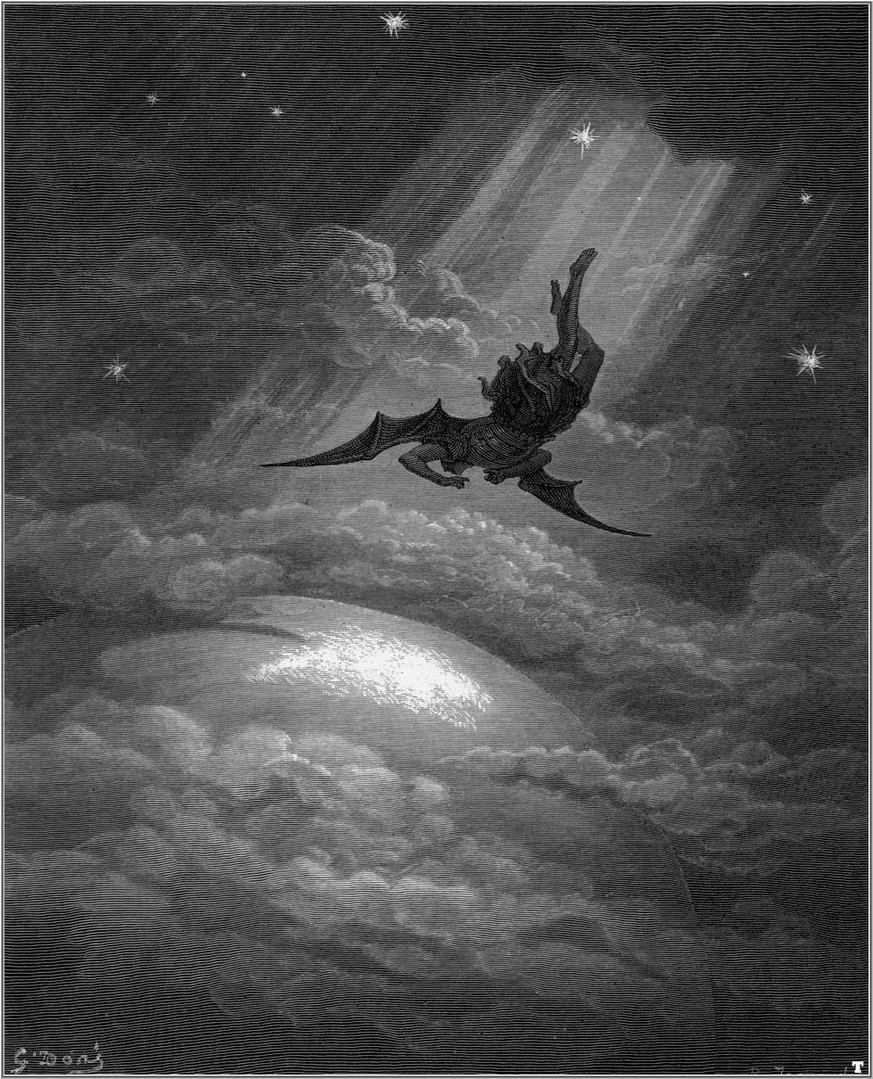 Der Erzengel Luzifer wird aus dem Himmel geworfen und verwandelt sich in den bösen Satan. Teufels-Vorstellung von Gustave Doré aus dem Jahr 1886.