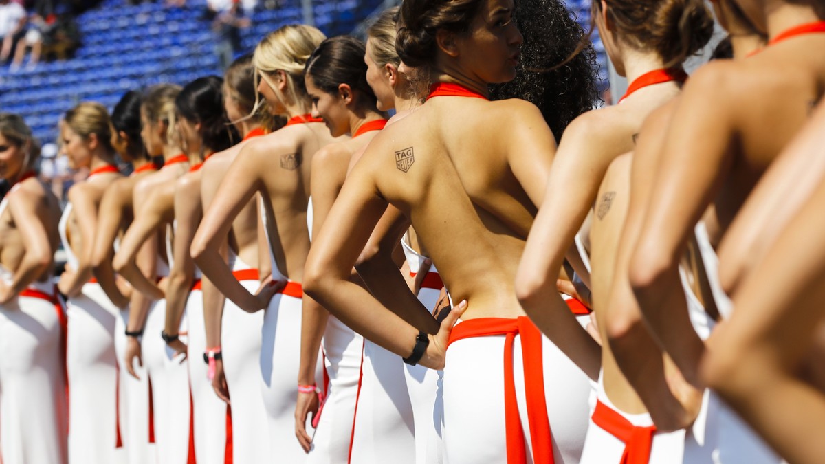 FILE - In this file photo dated Saturday, May 27, 2017, so called "grid girls" line up after the qualifying session for the Formula One Grand Prix at the Monaco racetrack in Monaco. Formula  ...