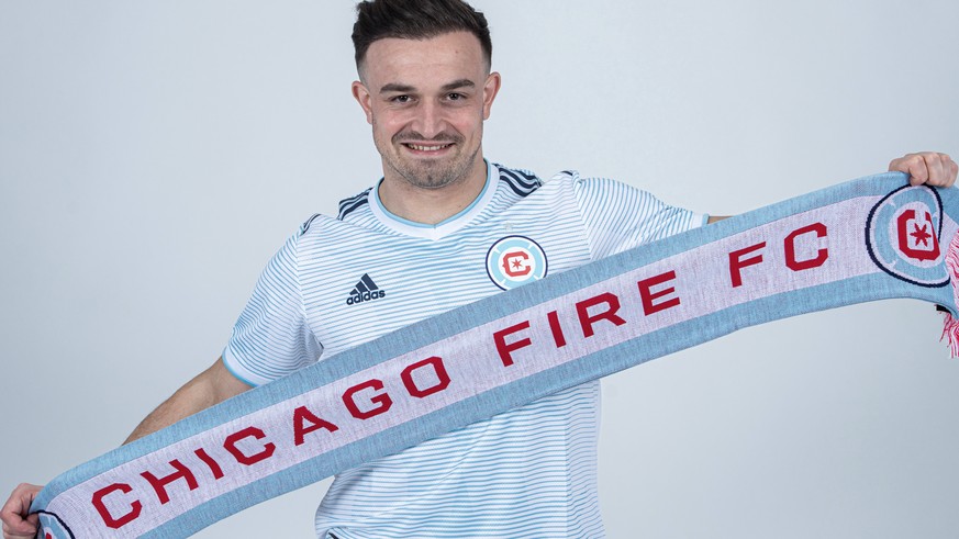 HANDOUT - .Midfielder Xherdan Shaqiri poses in the dress of the Chicago Fire Football Club of USA&#039;s Major League Soccer (MLS) in Basel, Switzerland, on Sunday, February 6, 2022. (Chicago Fire FC/ ...