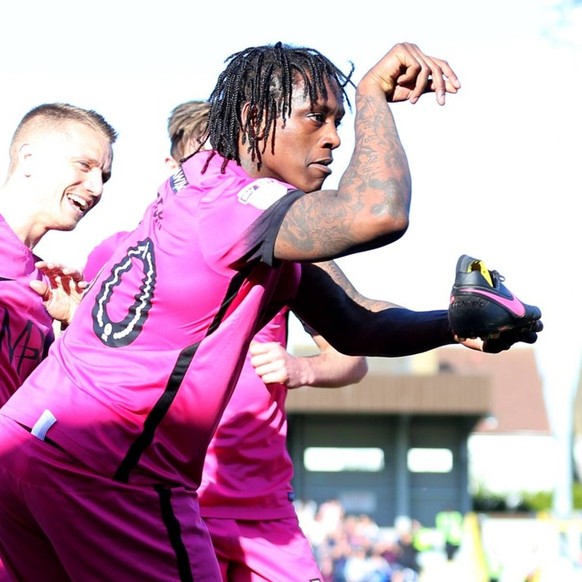 March 25th 2017, Wimbledon, London, England, Skybet League 1 football, AFC Wimbledon versus Southend United; Nile Ranger of Southend United celebrates after scoring his sides 1st goal in the 34th minu ...