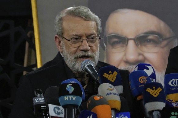 Iranian Secretary of Supreme National Security Council Ali Larijani, addresses a speech at the grave of former Hezbollah leader Sayyed Hassan Nasrallah, in Beirut, Lebanon, Wednesday, Aug. 13, 2025. ( ...