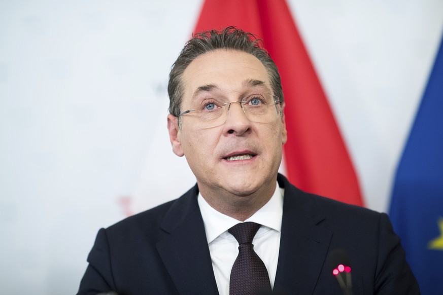 Austrian Vice Chancellor Heinz-Christian Strache (Austrian Freedom Party), addresses the media during press conference at the sport ministry in Vienna, Austria, Saturday, May 18, 2019. Strache says he ...