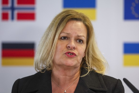 epa11216593 German Interior Minister Nancy Faeser speaks during a media event on the occasion of the transfer of over 1,000 patients from Ukraine in Cologne, Germany, 12 March 2024. Since March 2022,  ...