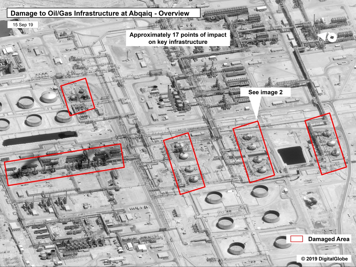 This image provided on Sunday, Sept. 15, 2019, by the U.S. government and DigitalGlobe and annotated by the source, shows damage to the infrastructure at Saudi Aramco's Abaqaiq oil processing fac ...