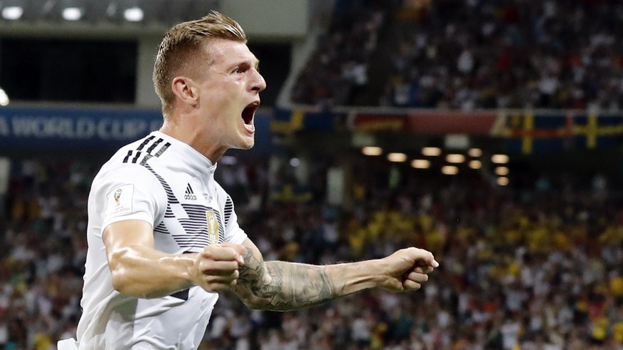 Germany&#039;s Toni Kroos celebrates after he scored his side&#039;s second goal during the group F match between Germany and Sweden at the 2018 soccer World Cup in the Fisht Stadium in Sochi, Russia, ...