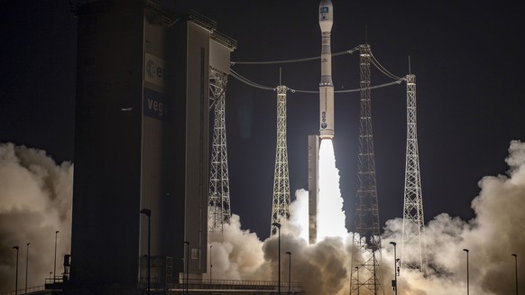 Vega-C rocket lifting off from its launch pad at the Kourou space base, French Guiana, Tuesday, Dec. 20, 2022. The launch of a European Vega C rocket carrying two Airbus satellites failed less than th ...