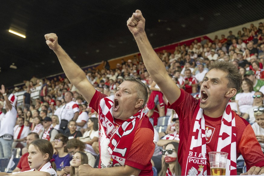 Poland fans cheer ahead of the Women&#039;s Euro 2025, group C, soccer match between Poland and Denmark at Allmend Stadion Luzern in Lucerne, Switzerland, Saturday, July 12, 2025.( (Urs Flueeler/Keyst ...