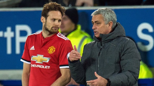 epa06413027 Manchester United manager Jose Mourinho (R) reacts with Daley Blind (L) during the English Premier League soccer match between Everton and Manchester United held at the Goodison Park, Live ...