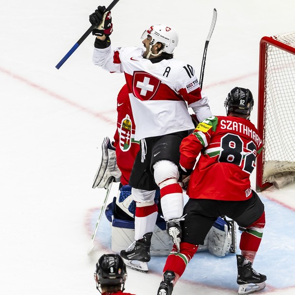 Switzerland&#039;s forward Andres Ambuehl #10 celebrates his goal after scoring the 0:1, during the IIHF 2025 World Championship preliminary round group B game between Hungary and Switzerland, at the  ...