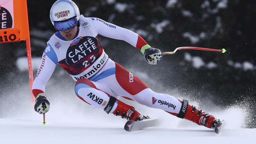 Switzerland&#039;s Mauro Caviezel competes during an alpine ski, men&#039;s World Cup downhill, in Bormio, Italy, Thursday, Dec. 28, 2017. (AP Photo/Marco Trovati)