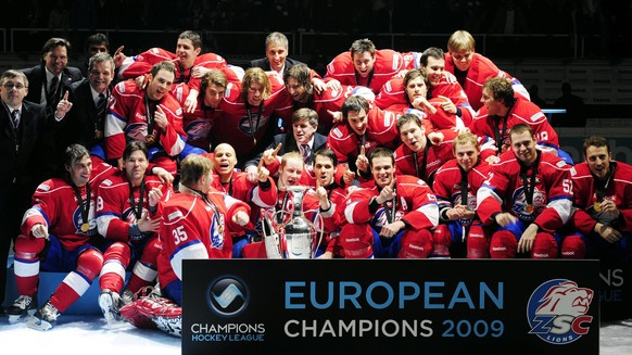 Swiss team ZSC Lions celebrates after winning the ice hockey Champions League second leg final match between ZSC Lions and Metallurg Magnitogorsk in Rapperswil, Switzerland, Wednesday, January 28, 200 ...