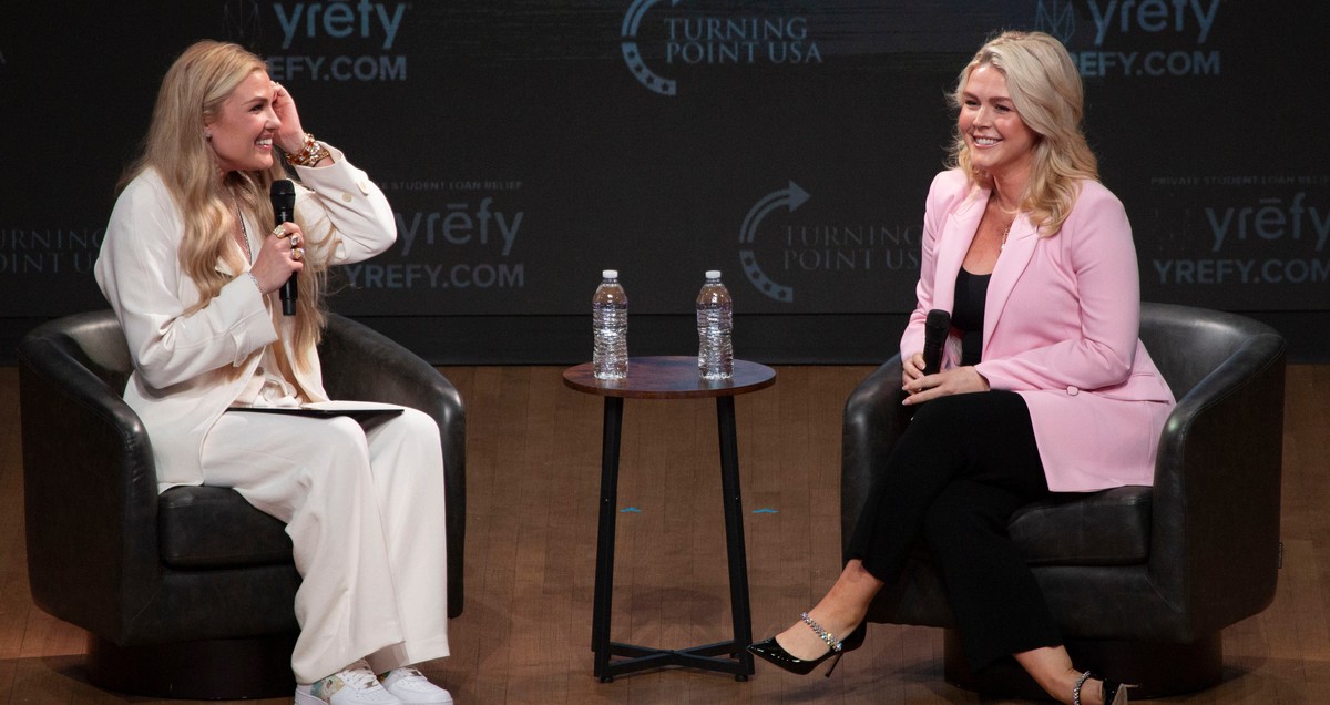 Erika Kirk talks with White House press secretary Karoline Leavitt ton the first stop of The Turning Point Tour, Thursday, April 2, 2026, at the Lisner Auditorium at George Washington University in Wa ...