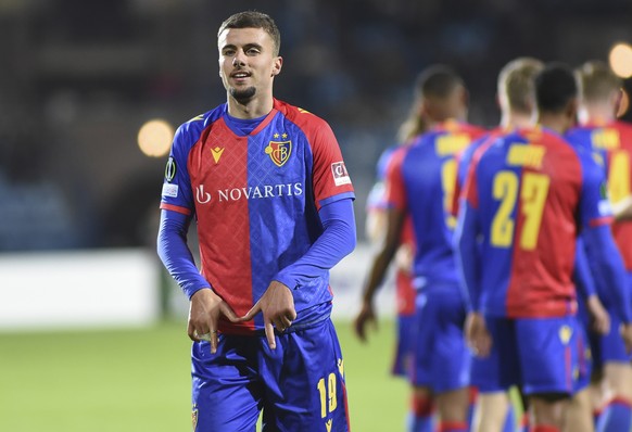 epa10284295 Darian Males of FC Basel reacts after scoring during the UEFA Europa Conference League group H soccer match between FC Pyunik Yerevan and FC Basel, in Yerevan, Armenia, 03 November 2022. E ...