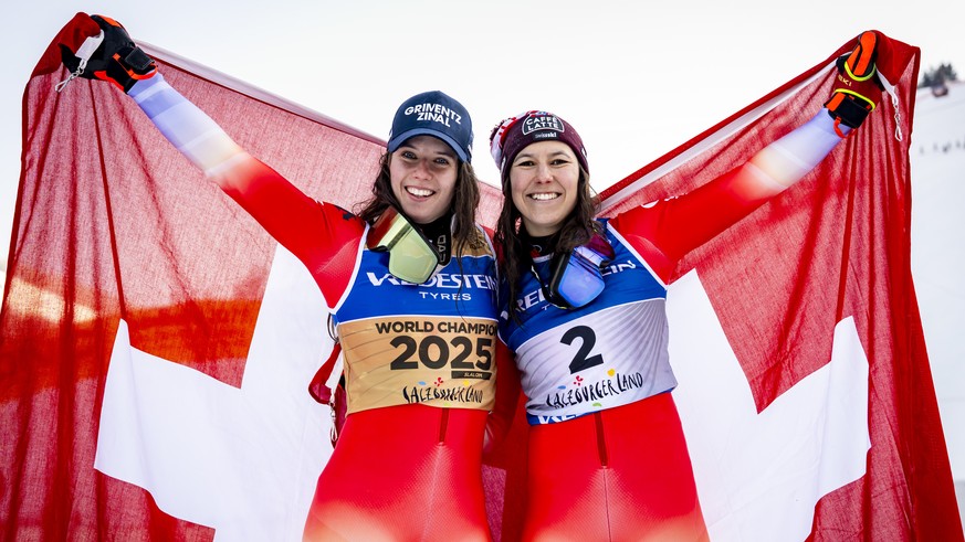 KEYPIX - Gold medalist Camille Rast of Switzerland, left, and Silver medalist Wendy Holdener of Switzerland, right, celebrate during the podium ceremony of the women&#039;s Slalom race at the 2025 FIS ...