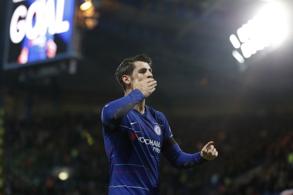 Chelsea&#039;s Alvaro Morata celebrates after scoring the opening goal during the English Premier League soccer match between Chelsea and Crystal Palace at Stamford Bridge stadium in London, Sunday, N ...