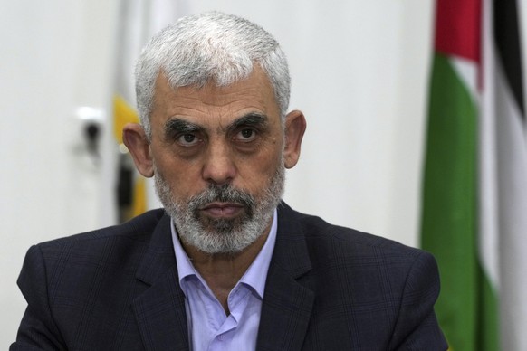 FILE - Yahya Sinwar, head of Hamas in Gaza, chairs a meeting with leaders of Palestinian factions at his office in Gaza City, April 13, 2022. (AP Photo/Adel Hana, File)
Yahya Sinwar