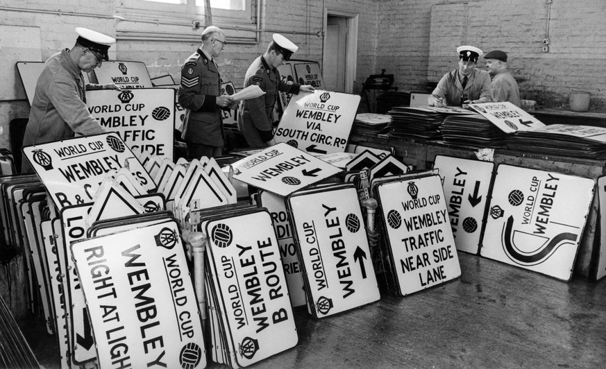 All roads lead to Wembley - The Automobile Association are already well prepared for the World Cup Final at Wembley next month. Some of the 1400 direction signs which will be erected by the AA are pic ...