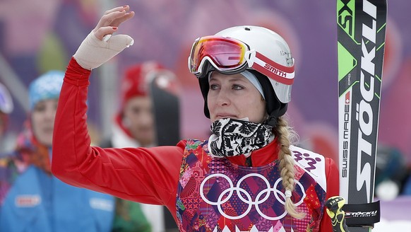 Switzerland&#039;s Fanny Smith waves to her fans as she leaves the finish area after the women&#039;s ski freestyle cross at the XXII Winter Olympics 2014 Sochi in Krasnaya Polyana, Russia, on Friday, ...