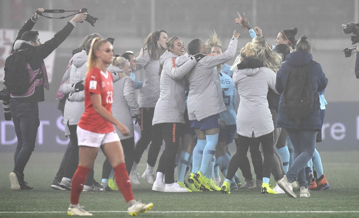 Netherland's players celebrates after during the 2019 FIFA Women's World Cup play-off final match between Switzerland and Netherlands in Schaffhausen, Switzerland, November, 13. 2018 (KEYSTO ...