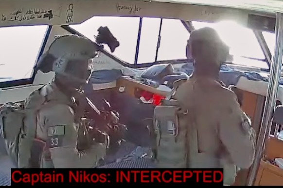 This frame grab from video released by the Global Sumud Flotilla shows Israeli navy soldiers aboard one of the flotilla&#039;s vessels after it was intercepted as it approached the coast of Gaza early ...