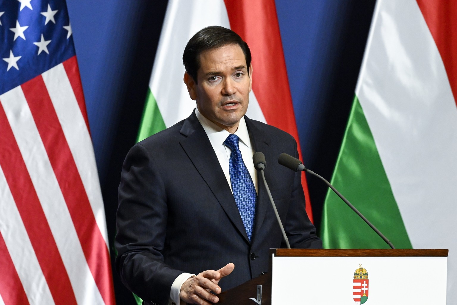 epa12746556 US Secretary of State Marco Rubio speaks during a joint press conference with Hungarian Prime Minister Viktor Orban (not pictured) following their meeting in the government headquarters in ...
