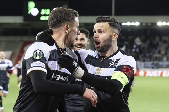 Lugano&#039;s Daniel Dos Santos, left, and Renato Steffen celebrate the score to 3-1 during the UEFA Conference League round of 16 second leg soccer game Switzerland&#039;s FC Lugano and Slovenia&#039 ...