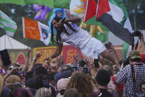 Bob Vylan performs on the West Holts Stage, during the Glastonbury Festival at Worthy Farm in Somerset. England, Saturday, June 28, 2025. (Ben Birchall/PA via AP)
Britain Glastonbury Music Festival Da ...