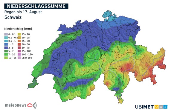 Bis zum 17. August hin prognostiziert Meteonews lediglich geringfügige Niederschlagssummen in der gesamten Schweiz.