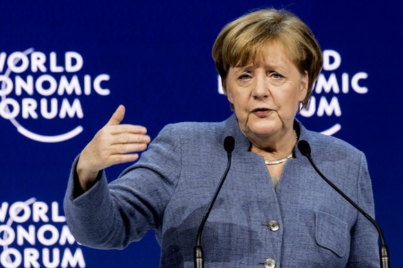 Angela Merkel, Chancellor of Germany, addresses a plenary session during the annual meeting of the World Economic Forum, WEF, in Davos, Switzerland, Wednesday, Jan. 24, 2018. (Laurent Gillieron/Keysto ...