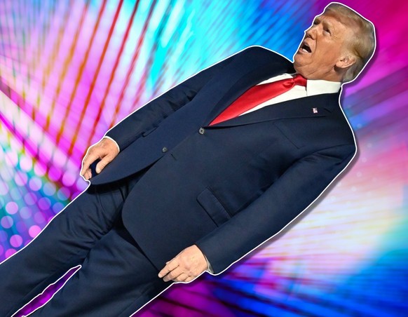 Donald Trump in Schräglage vor einem Disco-Hintergrund.
