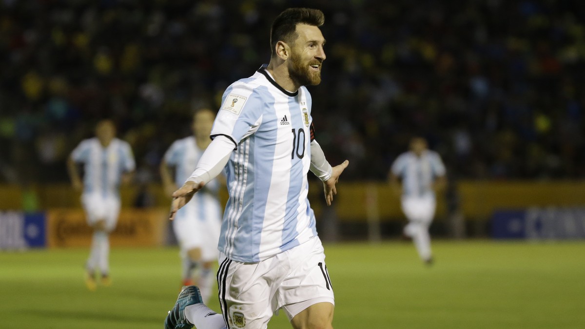 Argentina's Lionel Messi celebrates after scoring his third goal against Ecuador during their 2018 World Cup qualifying soccer match at the Atahualpa Olympic Stadium in Quito, Ecuador, Tuesday, O ...