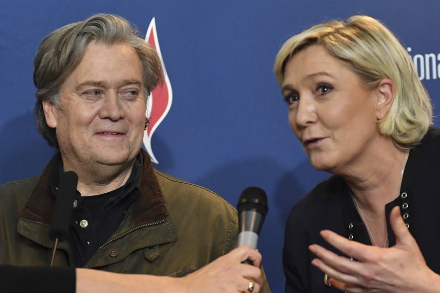 National Front party leader Marine Le Pen, right, and former White House strategist Steve Bannon hold a press conference at the party congress in the northern French city of Lille, Saturday, March 10, ...