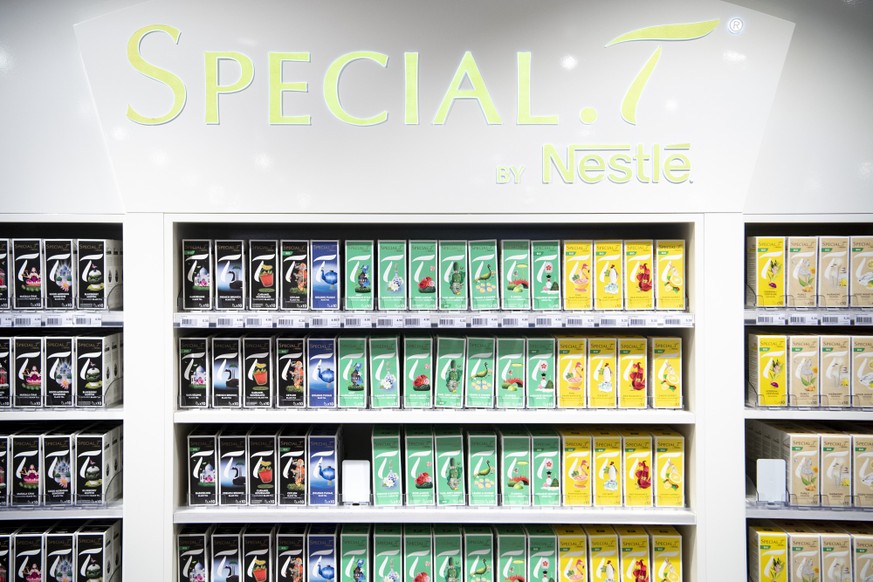 Special-T on display at the Nestle's own supermarket after the 2019 full-year results press conference of the food and drinks giant Nestle, in Vevey, Switzerland, Thursday, February 13, 2020. (KE ...